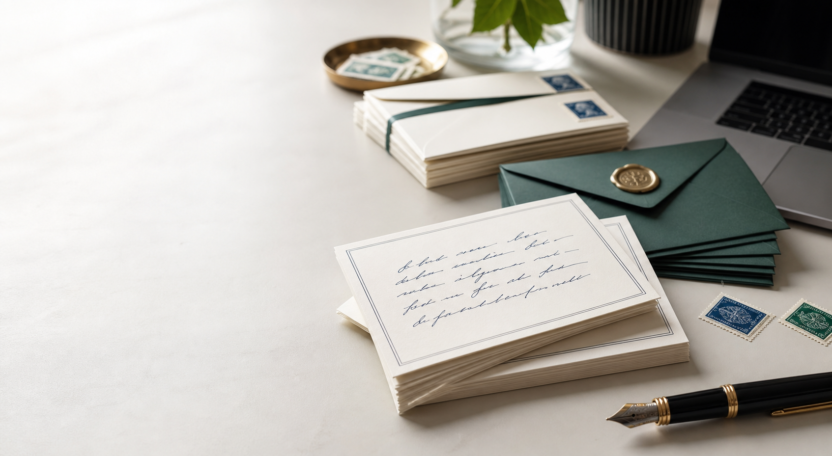Premium handwritten cards, envelopes, stamps, and a fountain pen arranged on a modern desk.